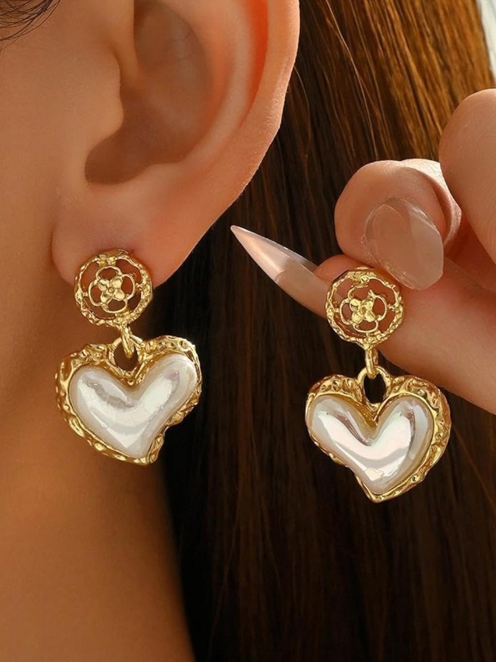Anthropologie Gold Heart Drop Earrings with White Pearl Inlay